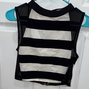 Cecico Black & White Striped Mesh Panel Crop Top